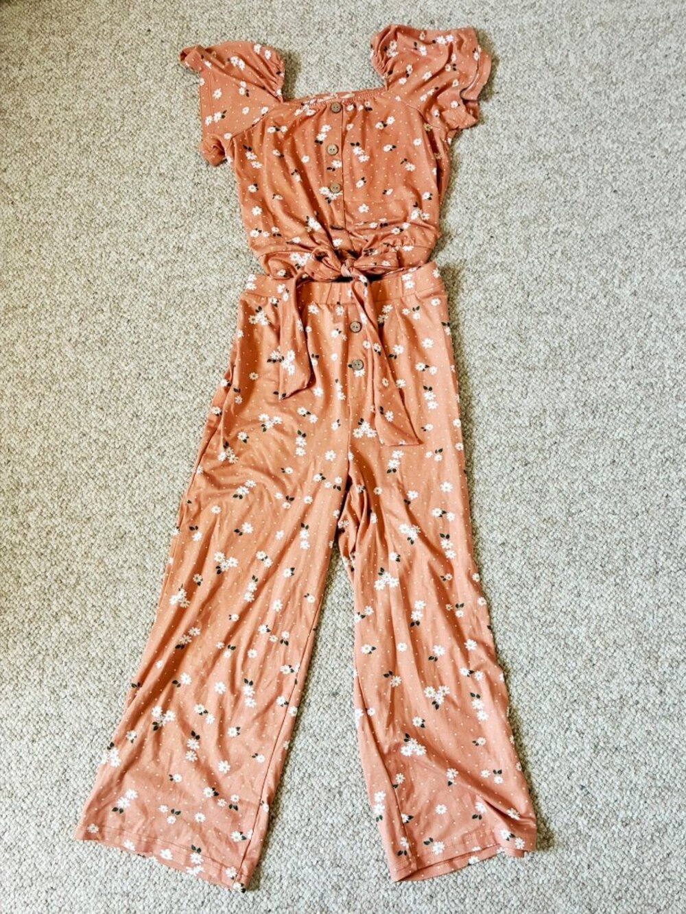 Sweet Stories Brown Rust Orange White Daisy Two Piece Top Pants Set Girls 14